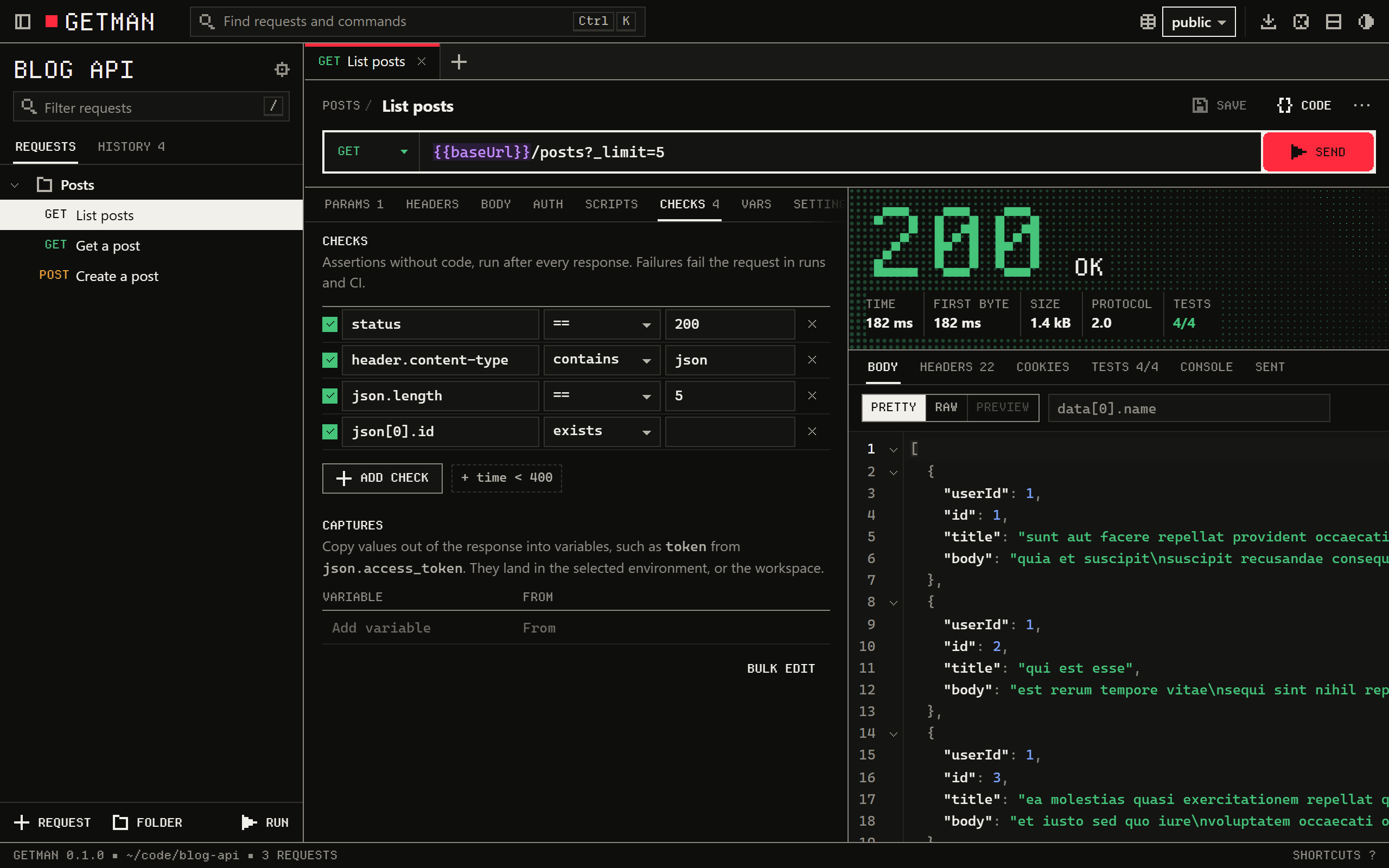 Getman in the browser, dark theme: a request's four checks beside its response, a 200 on a green halftone field