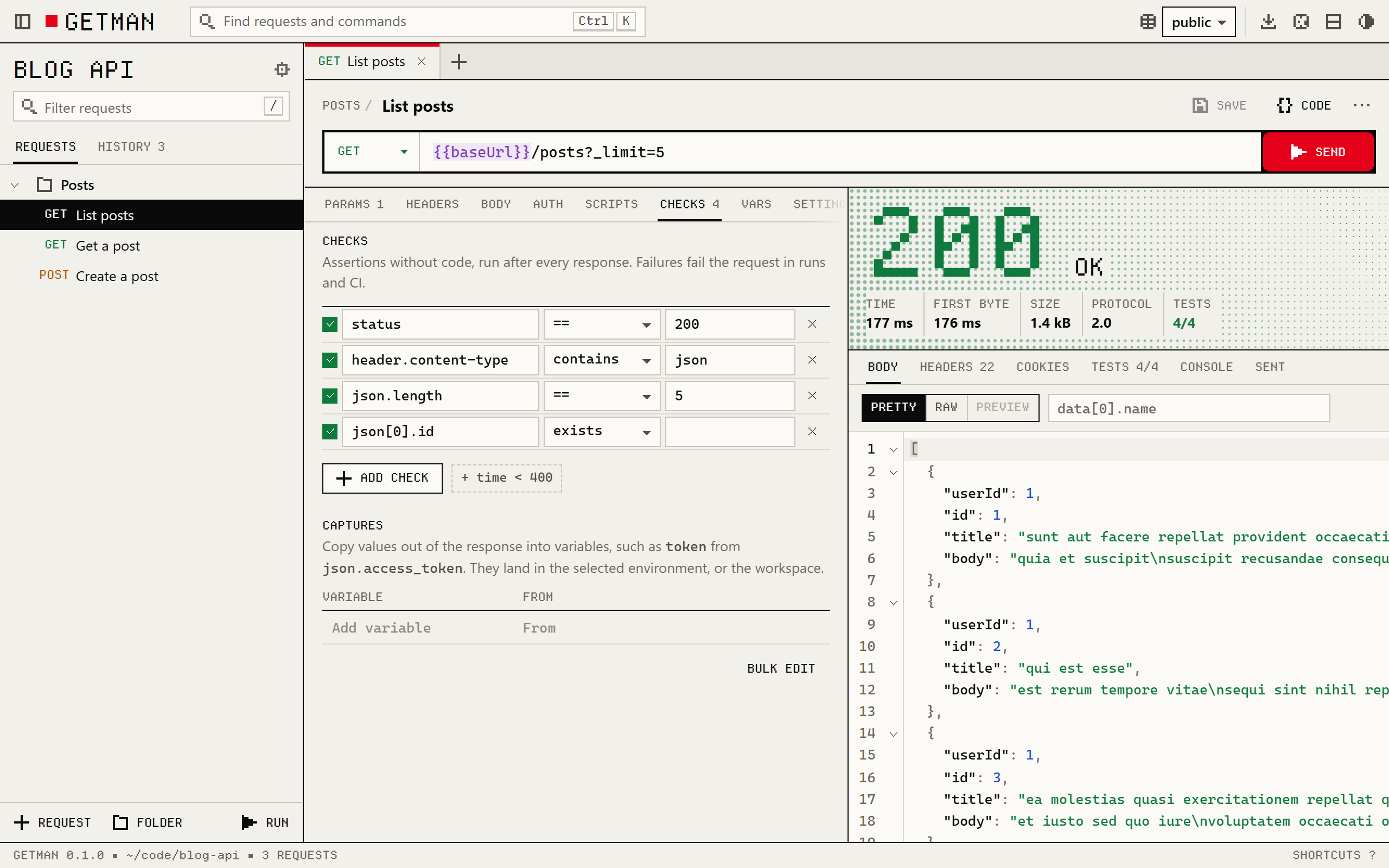 Getman in the browser: a request's four checks beside its response, a 200 on a green halftone field