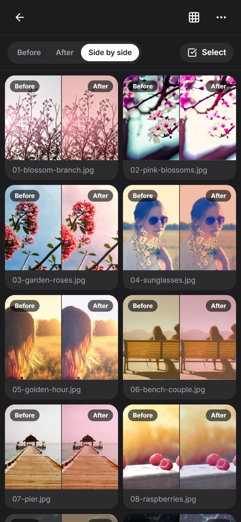 A side-by-side before-and-after grid of the whole batch in the Spring Pink look.