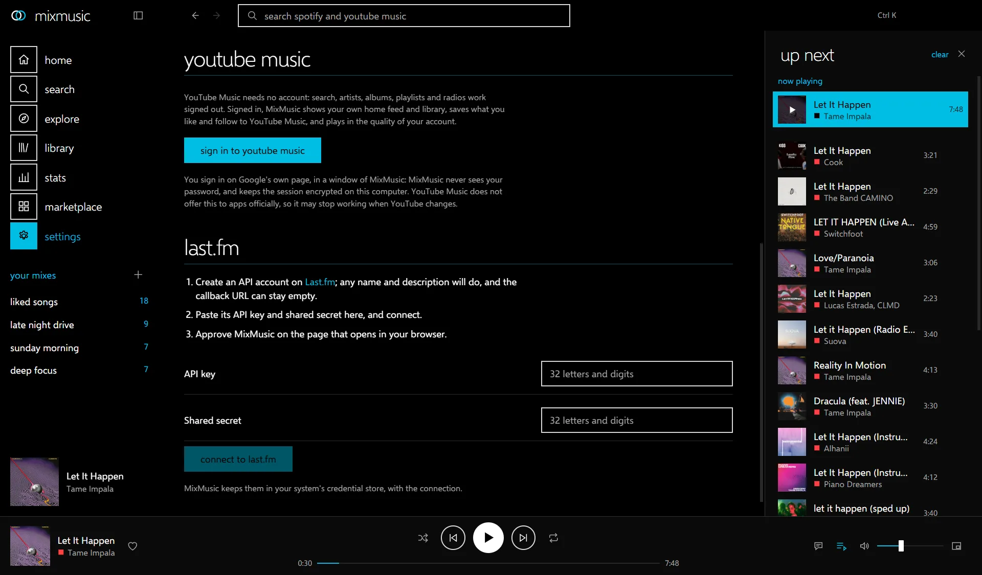Settings, accounts: the youtube music group with its sign in to youtube music button and a note that MixMusic never sees your password, and the last.fm group with three steps and fields for the API key and the shared secret.