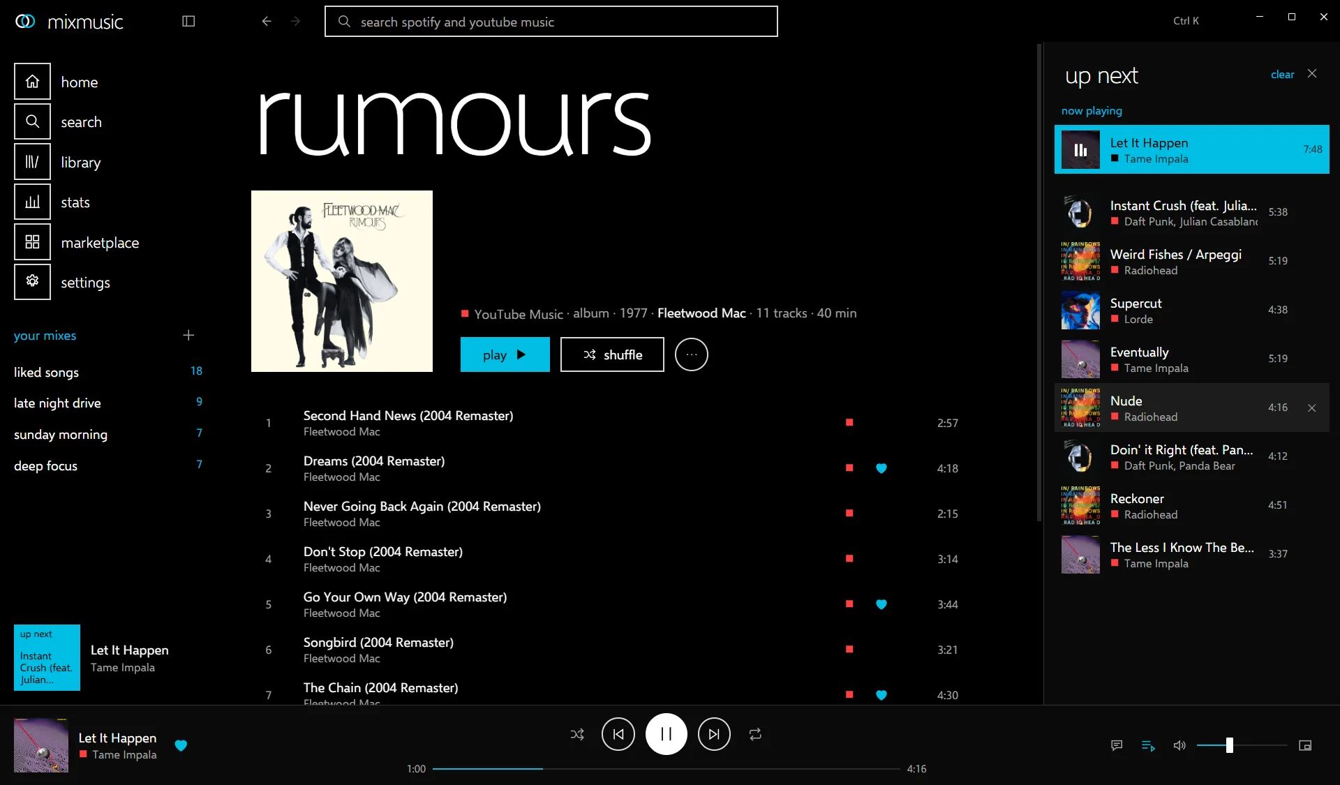 The Rumours album page by Fleetwood Mac with play and shuffle, its track list, and the up next queue beside it.