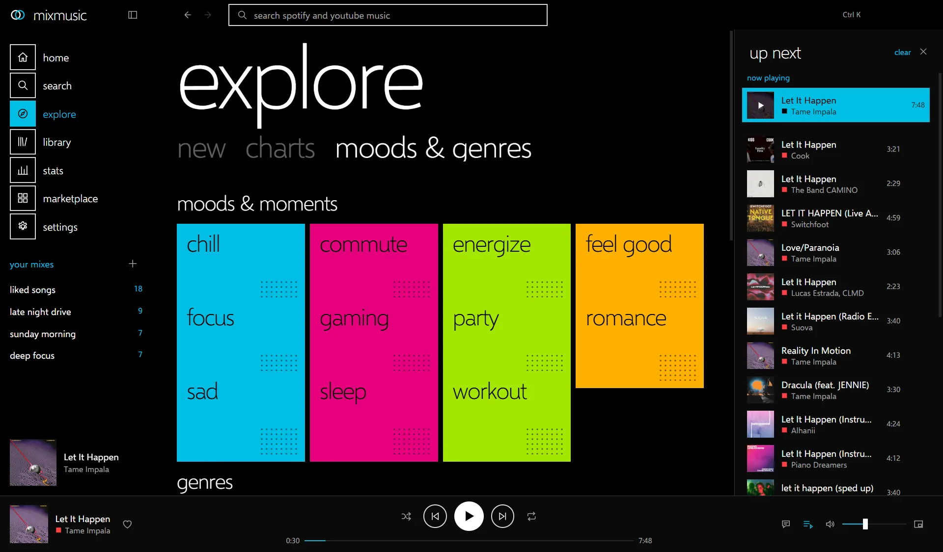 The explore page on moods and genres: the pivots new, charts and moods and genres, and flat cyan, magenta, lime and amber tiles for chill, commute, energize, feel good, focus, gaming, party, romance, sad, sleep and workout.