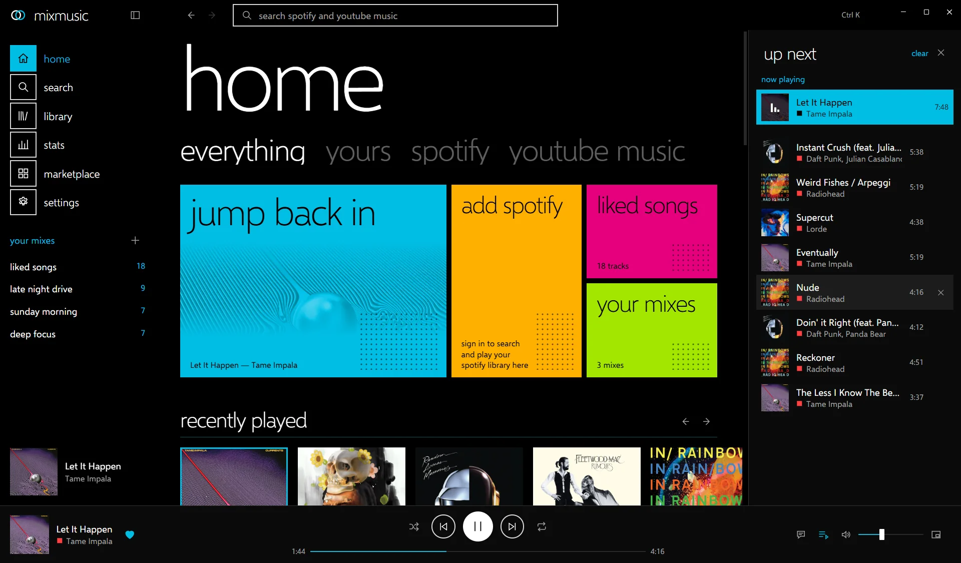 MixMusic's home page in the default Mix theme: the giant word home, flat cyan, amber, magenta and lime tiles for jump back in, add spotify, liked songs and your mixes, a recently played shelf, and the up next queue playing Let It Happen by Tame Impala.