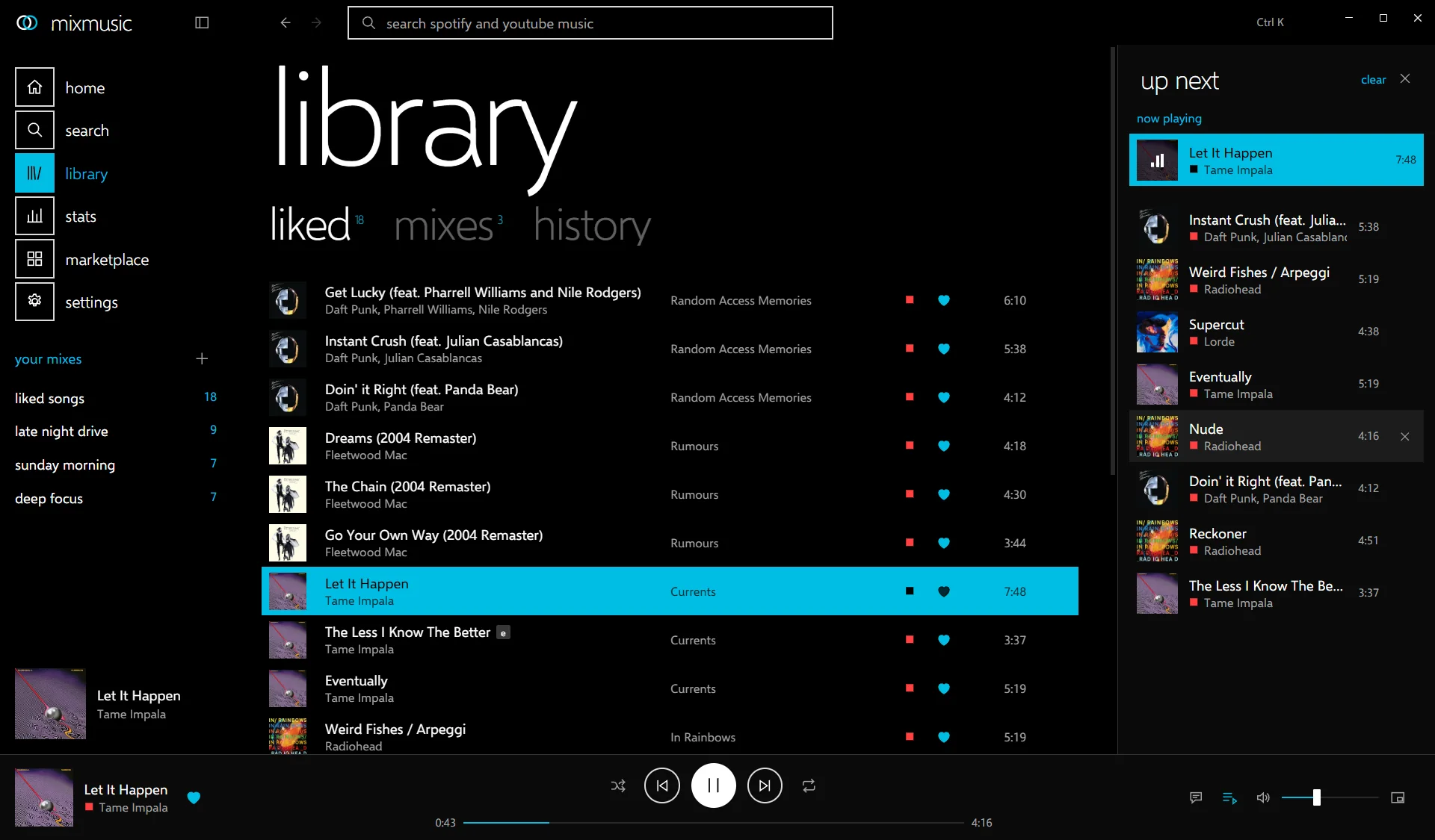 The library page with liked, mixes and history pivots, and liked songs from Random Access Memories, Rumours, Currents and In Rainbows.