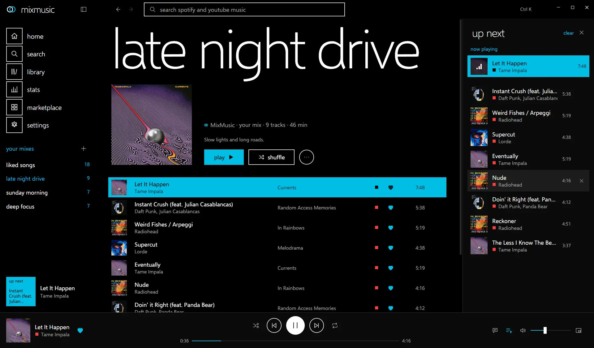 A mix called late night drive, 9 tracks and 46 minutes, with tracks by Tame Impala, Daft Punk, Radiohead and Lorde.