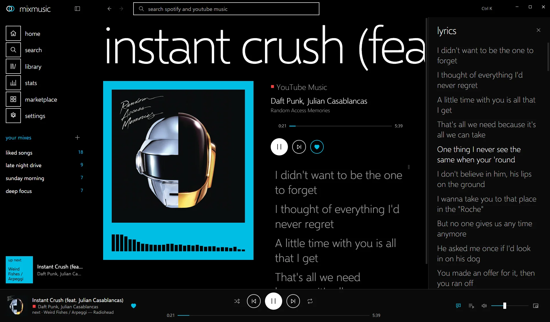 The now playing page for Instant Crush by Daft Punk and Julian Casablancas: the album sleeve with a visualizer, the current lyric lines, and the lyrics panel on the right.