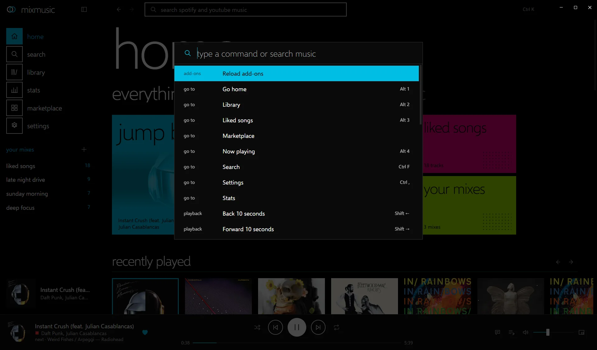 The command palette open over the home page, listing commands such as reload add-ons, go home, library, liked songs, marketplace, now playing, search and settings with their shortcuts.