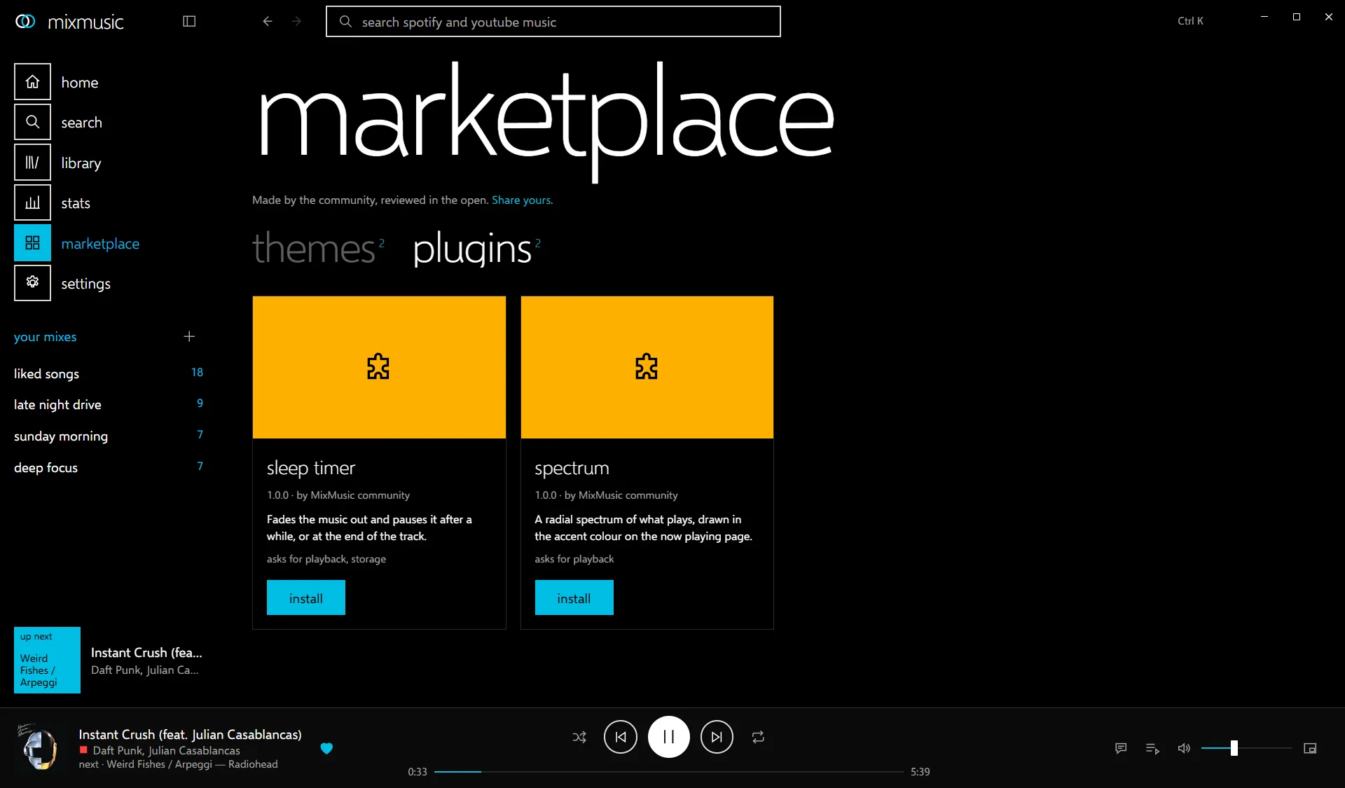 The marketplace's plugins tab with Sleep Timer and Spectrum, each with its permissions and an install button.