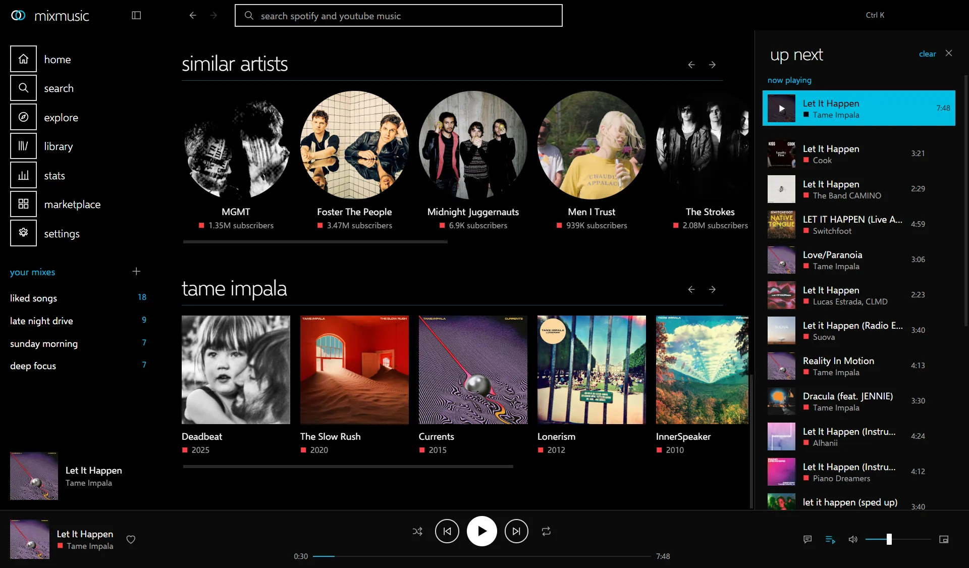 The foot of the now playing page for Let It Happen by Tame Impala: a shelf of similar artists, MGMT, Foster The People, Midnight Juggernauts, Men I Trust and The Strokes, and a shelf of Tame Impala albums from Deadbeat to InnerSpeaker.