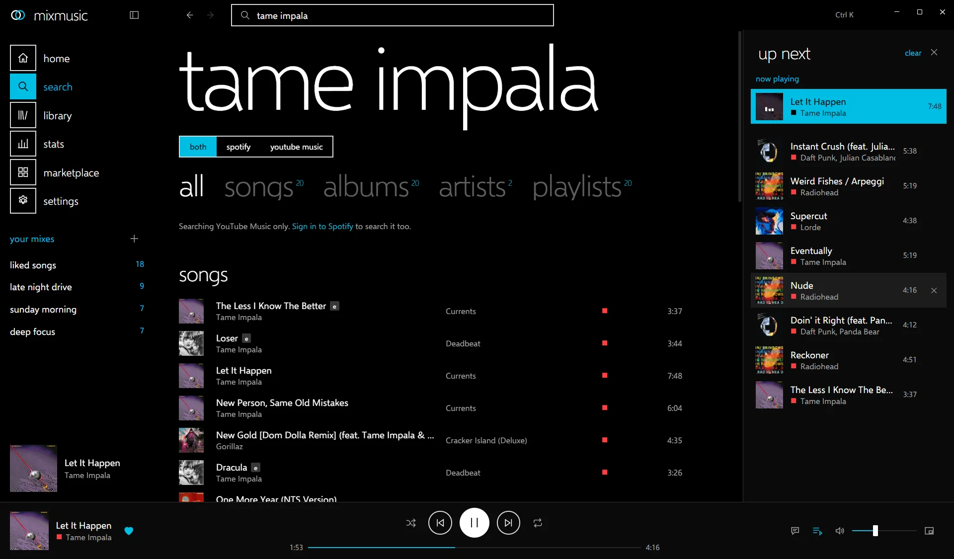 Searching for Tame Impala: the both, spotify and youtube music filter, pivots for all, songs, albums, artists and playlists, and a list of songs each tagged with its source mark.